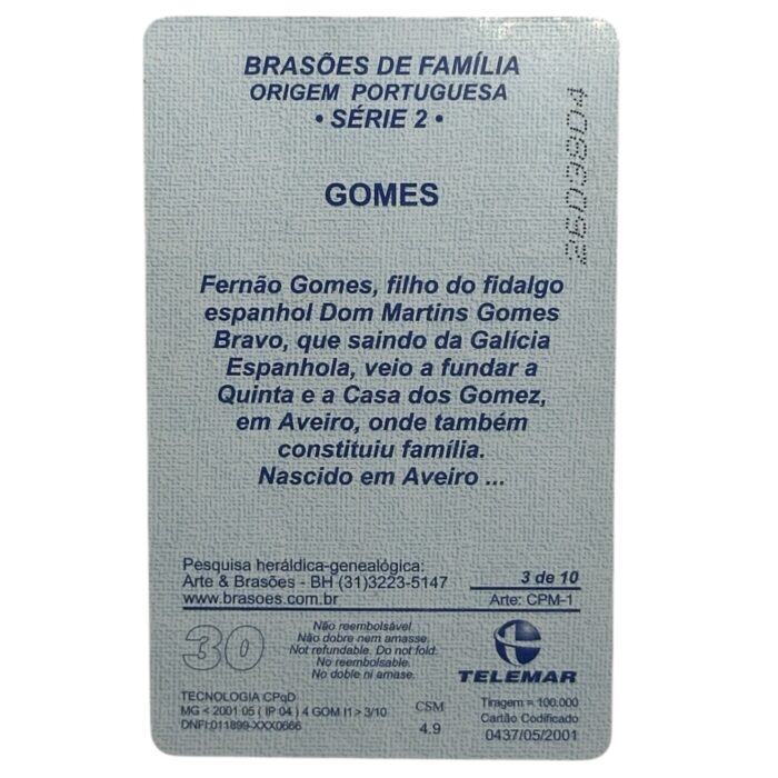 Cartão telefonico Telemar - Brasão familia Gomes - Imagem 2
