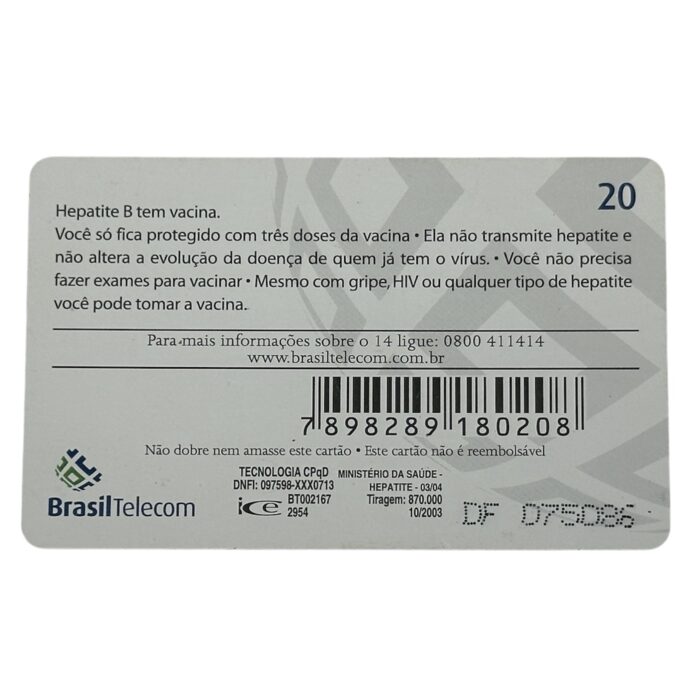 Cartão telefonico Brasil Telecom - Hepatite B tem prevenção! - Imagem 2